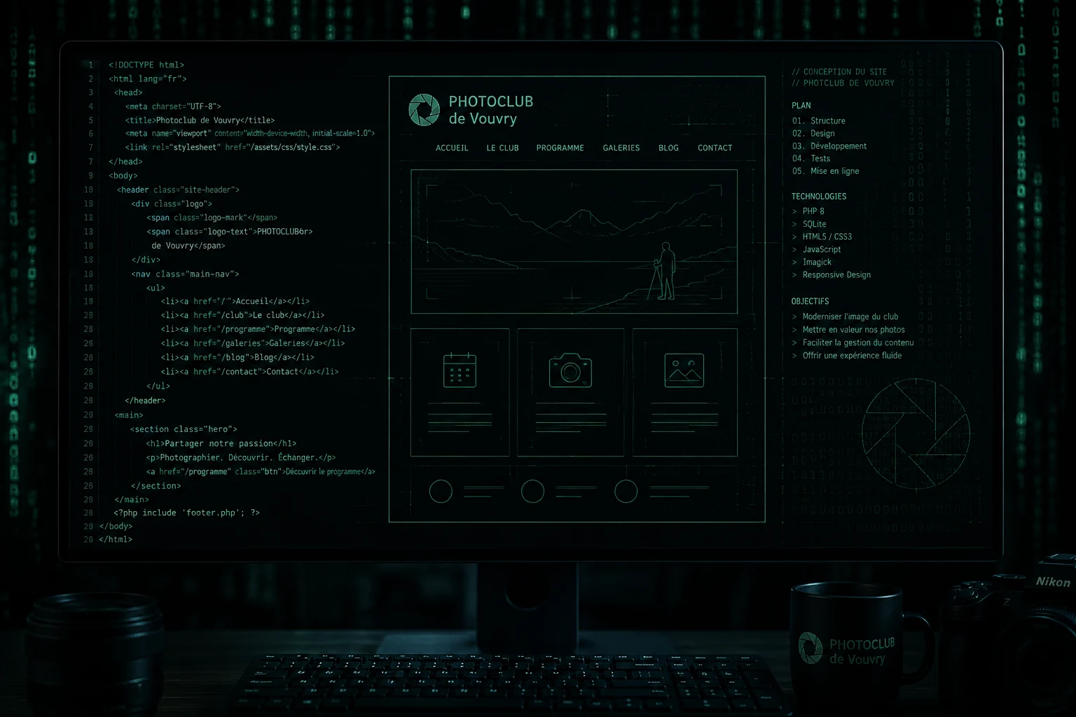 Écran d’ordinateur affichant du code et la maquette du site du Photoclub de Vouvry, avec un appareil photo au premier plan.
