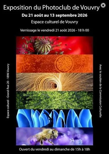 Affiche de l’exposition 2026 du Photoclub de Vouvry, présentant six bandes photographiques aux couleurs rouge, orange, jaune, vert, bleu et violet. L’exposition se tient du 21 août au 13 septembre 2026 à l’Espace culturel de Vouvry.